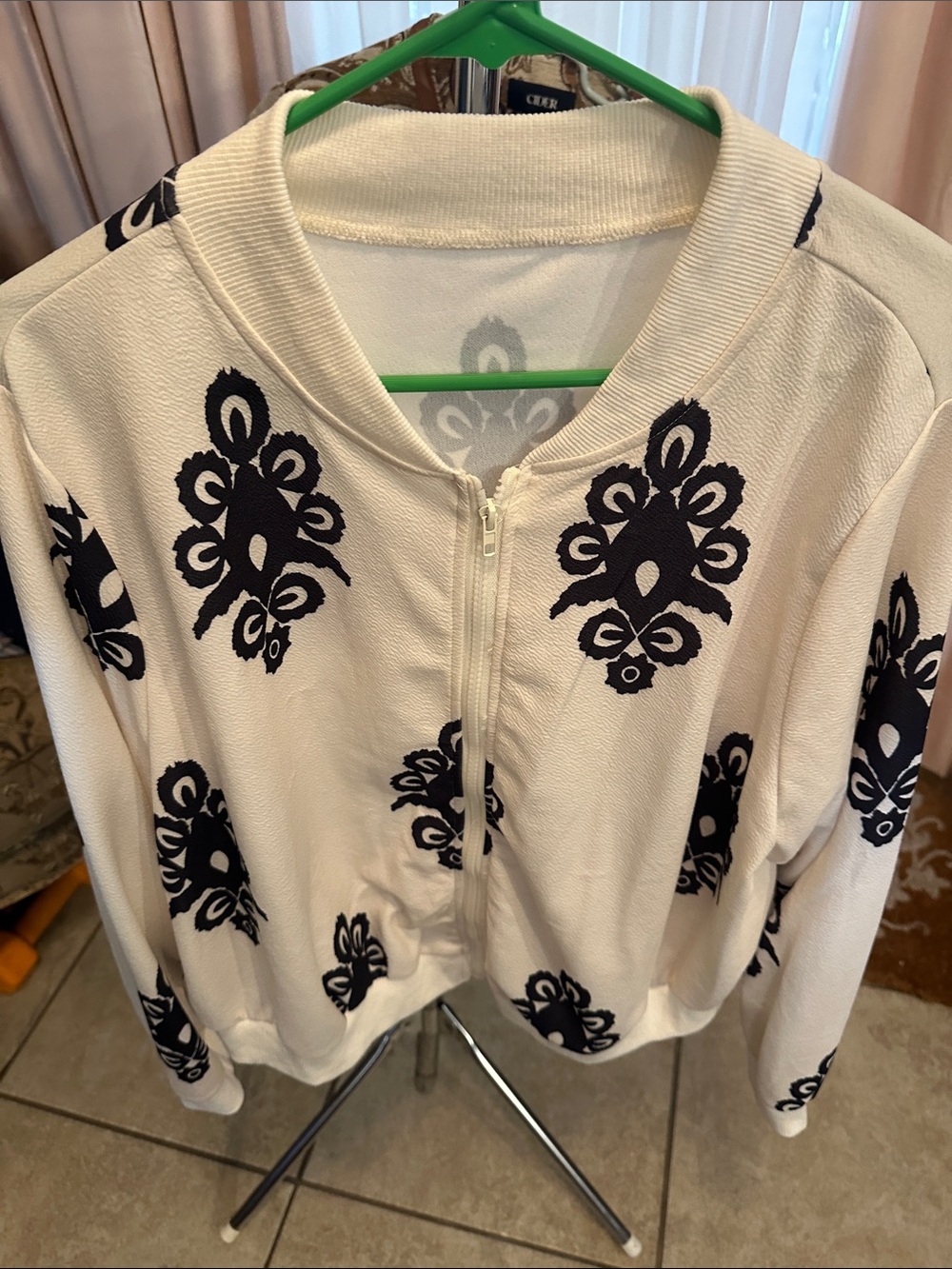 SHEIN White Bomber Jacket with Black Floral Motifs